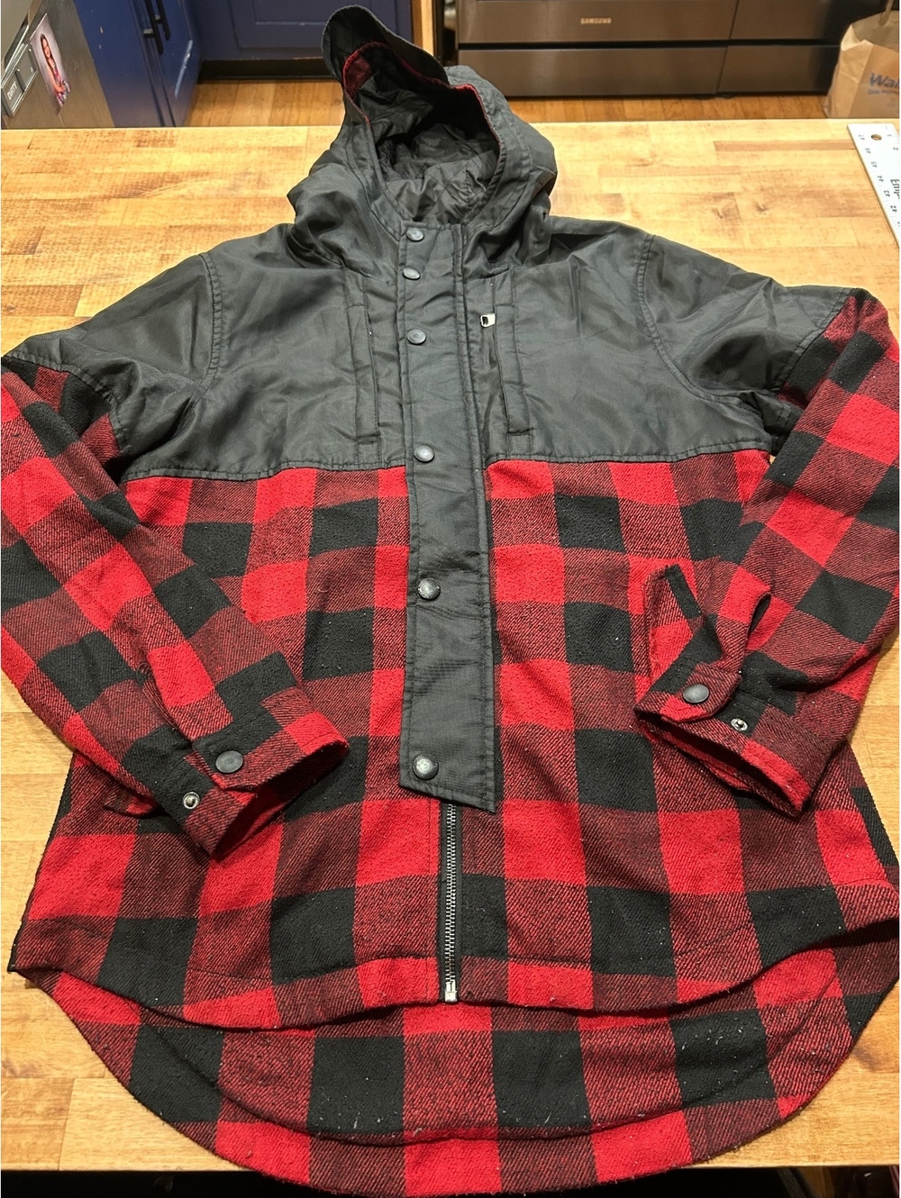 Civil Society Men's Red and Black Buffalo Plaid Hooded Jacket Size M